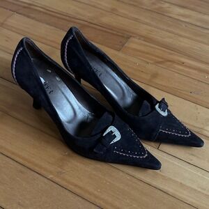 Vtg Hunter Suede Pointed Toe Kitten Heels Dark Brown Women Size EUR 37 / US 6.5